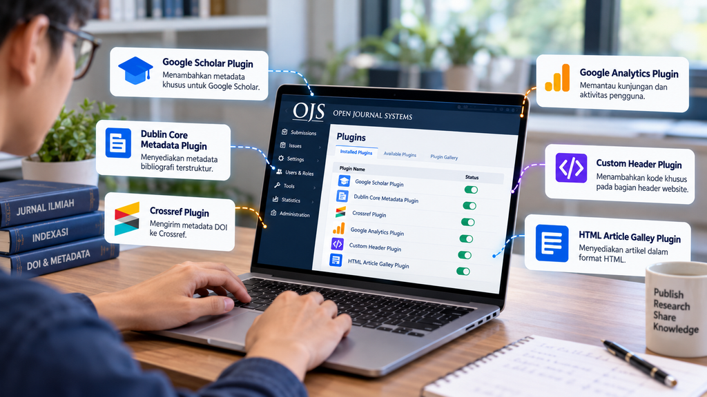 Ilustrasi 6 plugin OJS 3 untuk mendukung indeksasi Google Scholar dan optimasi metadata jurnal ilmiah